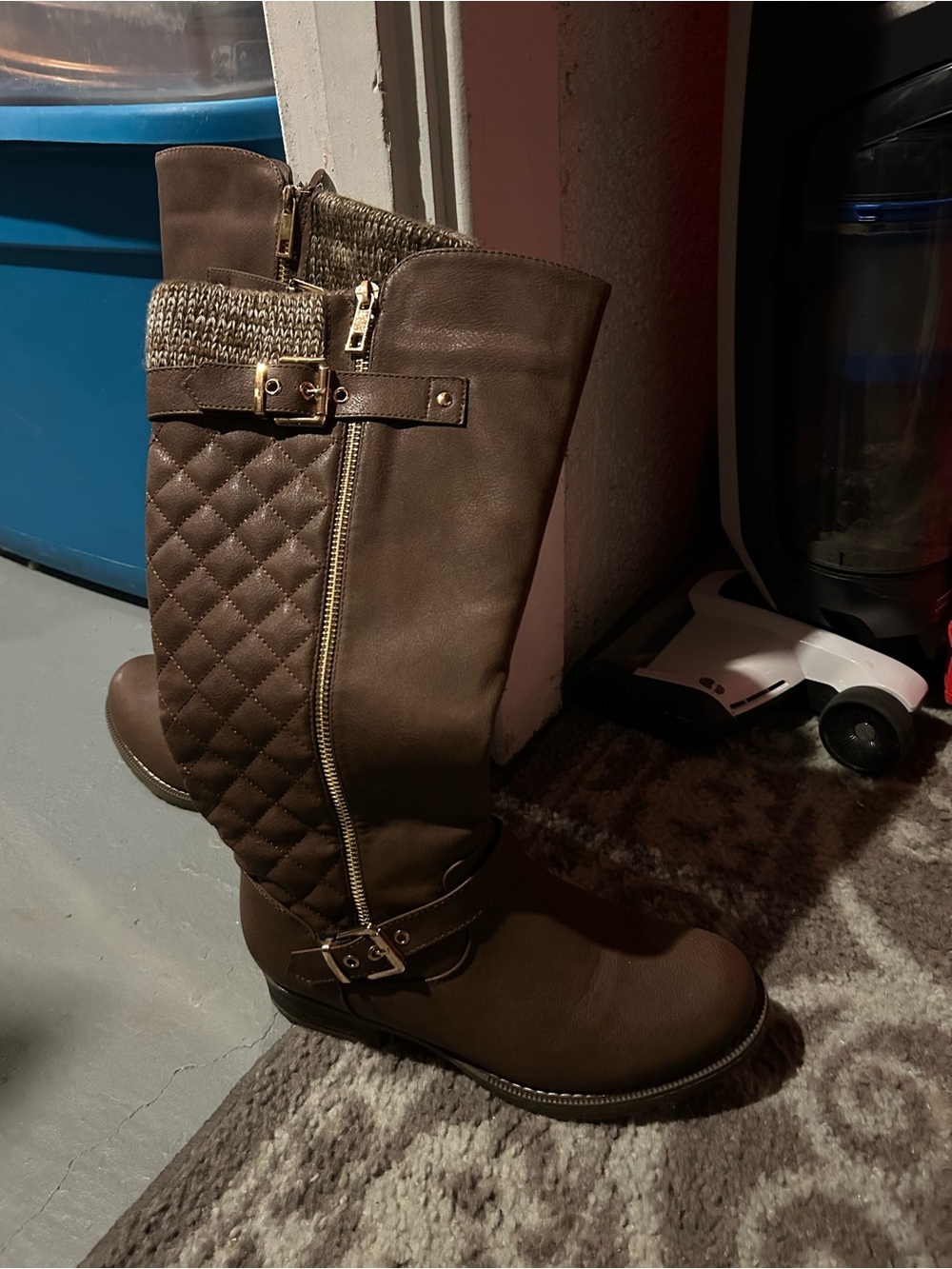 SHEIN Quilted Brown Knee-High Riding Boots with Gold Buckles